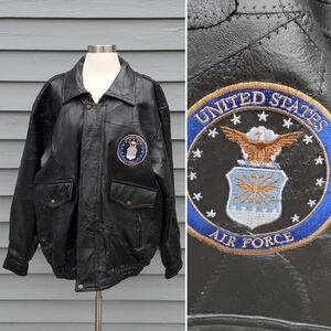 Vintage 90s y2k Black Leather Patchwork Embroidered USAF Air Force Bomber Jacket